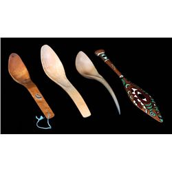 Three Carved Wood Spoons 9 1/2" L. and Carved Model Paddle 13 1/4" L.  Good Condition