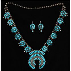 Navajo Silver and Turquoise Cluster Squash Blossom Necklace and Earrings ca. 1980  Good Condition