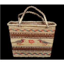 Nuu-chah-nulth Double Woven Carry Basket with Robin and Rose Design 12 1/2" L. 7" W. 9" H.  Good Con