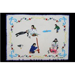 Inuit Embroidered Community Scene Framed with Beads 14 1/2"x 19 1/2"  Good Condition