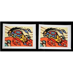 Two Norval Morrisseau Serigraphs "Spiritual Merman" 14/99 and 53/99  22"x 30"  Good Condition with S