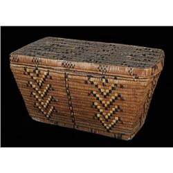 Salish Lidded Basket with Cornflower Design 20" L. 12" W. 10" H.  As Is