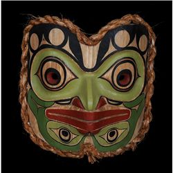 Double Frog Mask Carved by Janice Morin with Cedar Bark Trim 11 1/2" H. 11" W.  Good Condition