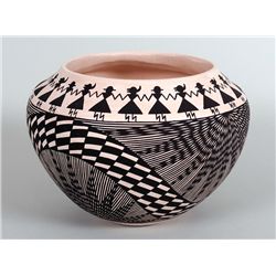 Acoma Pottery Bowl with 24 Human Figures Holding Hands Signed Patricio 6" D. 4 1/2" H.  Fine Conditi