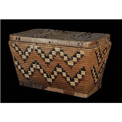 Salish Lidded Basketry Trunk with Chevron Design 22" L. 13" H. 11 1/2" W.  Good Condition