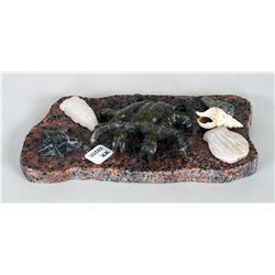 Pitseolak Padluq Soapstone Carving of a Crab, Starfish and Shellfish 7" L. 4" W.  Good Condition