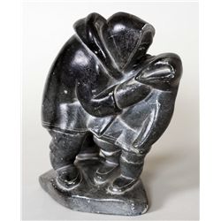 Inuit Soapstone Sculpture of Two Inuk Figures 9" H. 7" W.  Good Condition