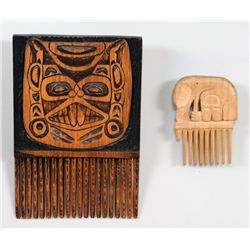 Two Carved Wood Combs 8" H. 5 1/2" W. and 4" H. 2 1/4" W. One Good Condition One Fair Condition