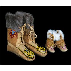 Two Pairs of Beaded High Top Moccasins Floral Design 5" L. - 10 1/2" L.  Fine Condition