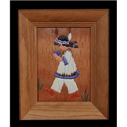 Porcupine Quill Child on Birch Bark 9" x 11" Framed  Good Condition