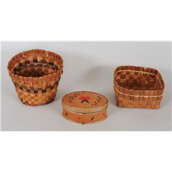 Two Plaited Cedar Bark Baskets and Lidded Birch Bark Basket with Quill Work Floral Design 6 1/2" L. 