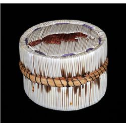 Birch Bark and Quill Work Lidded Basket with Beaver Motif 3" D. 2 1/4" H.  Good Condition