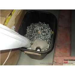 LOT: CHAINS, JUG, AND PAPER IN TRASH CAN