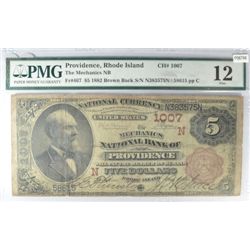 1882 $5 BROWN BACK NATIONAL PROVIDENCE, RI #1007 PMG 12