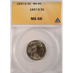 1937 -D BUFFALO NICKEL, ANACS MS-66  GEM!