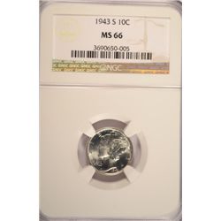 1943-S MERCURY DIME, NGC MS-66  GEM