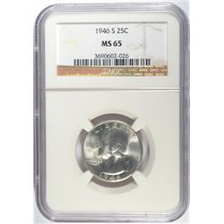 1946-S WASHINGTON QUARTER, NGC MS-65  GEM!