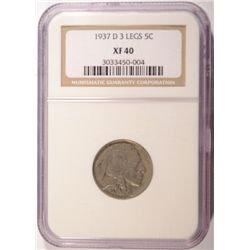 1937-D 3 LEGGED BUFFALO NICKEL NGC XF 40