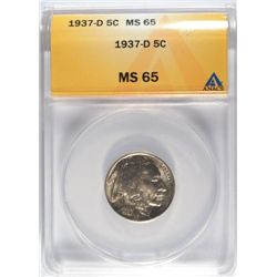 1937- D BUFFALO NICKLE ANACS MS 65 GEM