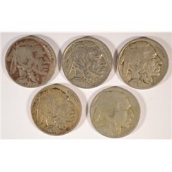 5 DIFFERENT BUFFALO NICKELS ( 16-D,18,19,20,21) AG-VF