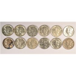 12 DIFFERENT MERCURY DIMES (18-D,20,26,27,30,34,35,36,39,41,41-S,42) VF-UNC