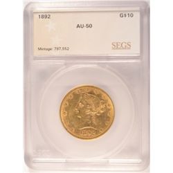 1892 $10 GOLD LIBERTY SEGS AU-50