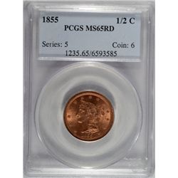1855 HALF CENT PCGS MS65 RED BEAUTIFUL!