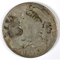 1824 BUST HALF DOLLAR, VG  WAS IN A BEZEL  SO RIM IS FLAT