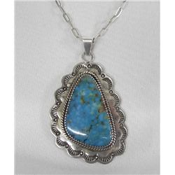 Navajo Silver Turquoise Pendant Necklace, Signed