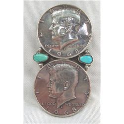 Navajo Sterling Turquoise JFK Half Dollars Pendant