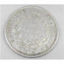 French 5 Franc Silver Coin 1873