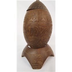 Coconut Shell Carving, Stand and Vessel With Top