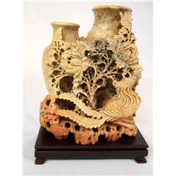 Chinese Stone Carving, Urn, Foliage & Phoenix