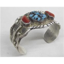 Navajo Turquoise & Coral Sterling Bracelet
