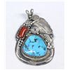 Image 1 : Navajo Turquoise & Coral Silver Pendant