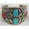 Image 1 : Navajo German Silver Turquoise and Coral Bracelet