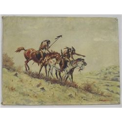 1954 Oil Painting Three Horseback Braves - Loechel