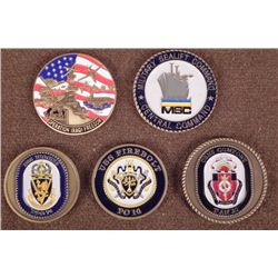 5 LARGE BRASS & ENAMEL CHALLENGE COINS -U.S. MILITARY