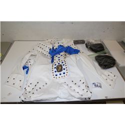 ELVIS PRESLEY COLLECTOR ITEMS AND JUMPSUIT INCLUDES CLOCK, COLLECTORS BOOK, MUSIC BOOK, LARGE