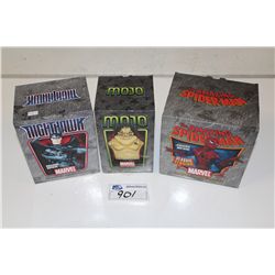 3 MARVEL MINI BUST STATUES, NEW IN BOX INCLUDING: THE AMAZING SPIDER-MAN, MOJO AND NIGHTHAWK