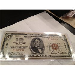 1929 $5 NATIONAL CITY BANK OF NY NATIONAL CURRENCY