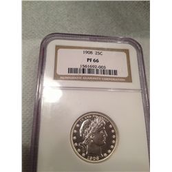 1908 BARBER QUARTER NGC PROOF 66 RARE