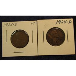 1102. 1924D VG & 1825S VF Lincoln Cents.
