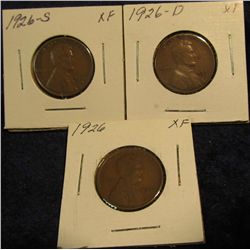 1113. 1926, 1926D & 1926S Lincoln Cents. EF.