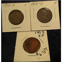 1114. 1912 P, D, & S Lincoln Cents. F-EF.