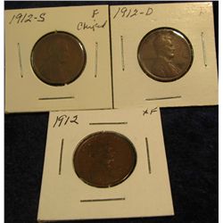 1115. 1912 P, D, & S Lincoln Cents. VG-EF.