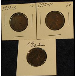 1116. 1912 P, D, & S Lincoln Cents. VG-EF.