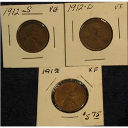 1117. 1912 P, D, & S Lincoln Cents. VG-EF.