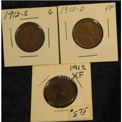 1118. 1912 P, D, & S Lincoln Cents. G-EF.
