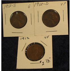1119. 1912 P, D, & S Lincoln Cents. G-VF.